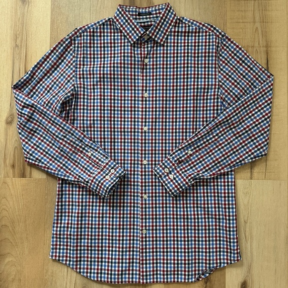 Banana Republic Grant Fit Long Sleeve Button Up Short Red White Blue Black Large - Picture 1 of 8